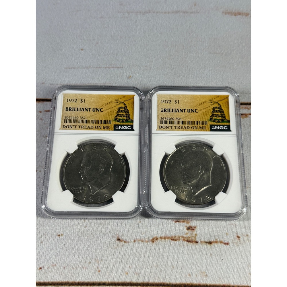 Lot of 2 1972 $1 Eisenhower Ike Dollars NGC Brilliant Uncirculated BU Slabbed